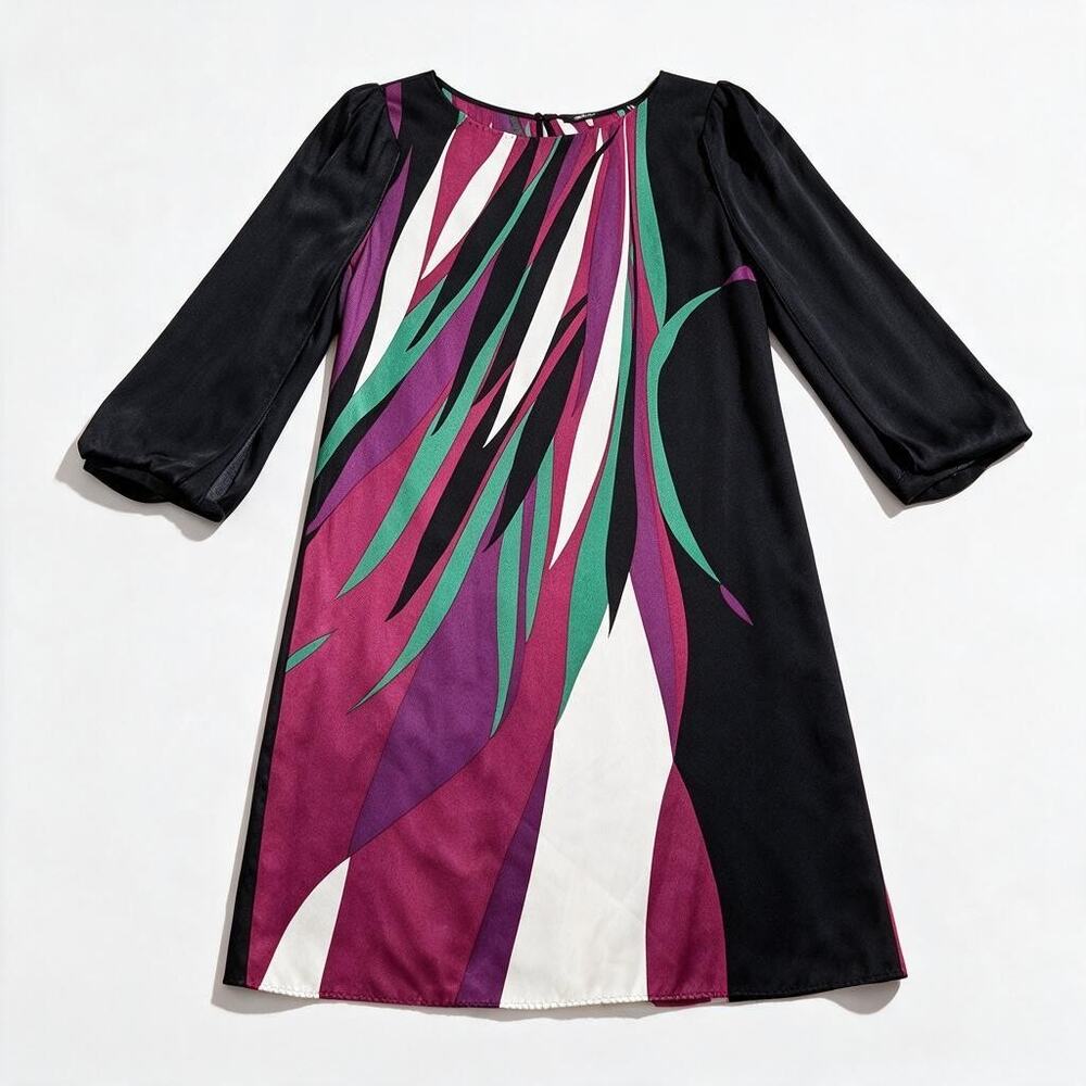 NEW Elie Tahari L Silk Shift Dress Multicolor Print Professional Career Flutter